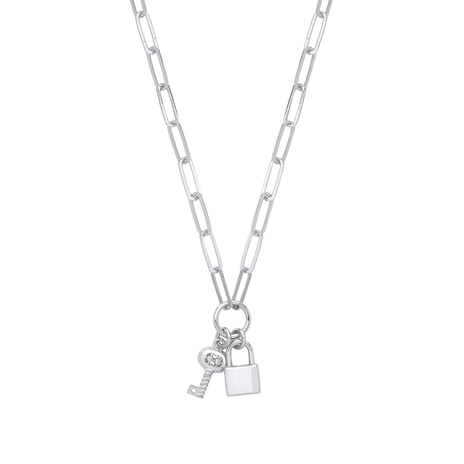 Silver Paper Clip Chain , Padlock & Cubic Zirconia Key Necklace - Fine Necklace - Certified A – Luxury Jewellery by Im